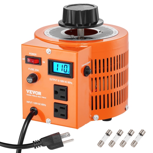 VEVOR  2000Va Auto Variable Voltage Transformer, 15.3 Amp, 110V Input 0-130V Output Ac Voltage Regulator, \w Lcd Display 4 Extra Fuses Thermal