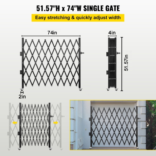 VEVOR 74"W x 51.57"H Single Folding Security Gate, Steel Accordion Security Gate, Flexible Expanding Security Gate, 360° Rolling Barricade Gate,
