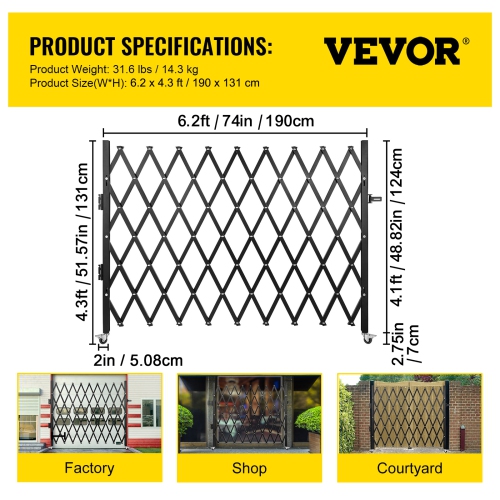 VEVOR 74"W x 51.57"H Single Folding Security Gate, Steel Accordion Security Gate, Flexible Expanding Security Gate, 360° Rolling Barricade Gate,
