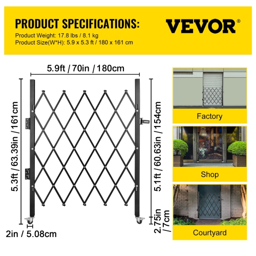 VEVOR 5' H x 5-1/2' W Single Folding Security Gate, Steel Accordion Security Gate, Flexible Expanding Security Gate, 360° Rolling Barricade Gate,