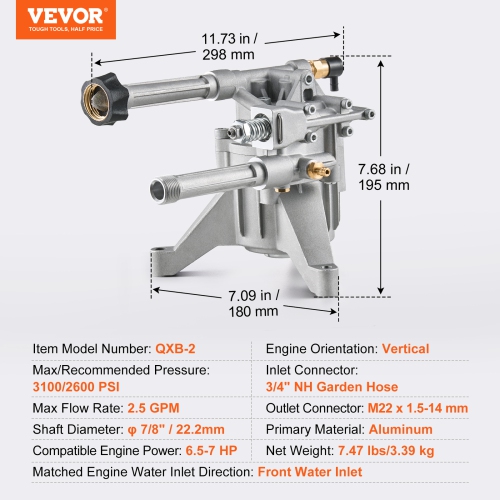 VEVOR 3100 PSI, 2.5GPM,Pressure Washer Pump, 7/8" Shaft Vertical, Replacement Power Washer Pumps Kit with 5 Nozzles, Compatible with Briggs &