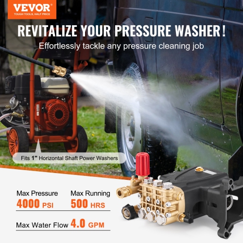 VEVOR 4000 PSI, 4.0GPM, Pressure Washer Pump,1" Shaft Horizontal Triplex Plunger,Replacement Power Washer Pumps Kit with Hardware,Compatible with
