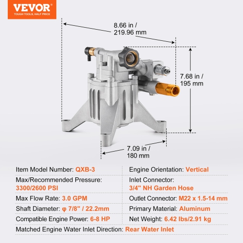 VEVOR 3300 PSI, 3.0GPM,Pressure Washer Pump, 7/8" Shaft Vertical, Replacement Power Washer Pumps Kit with 5 Nozzles, Hardware and Siphon Tube,