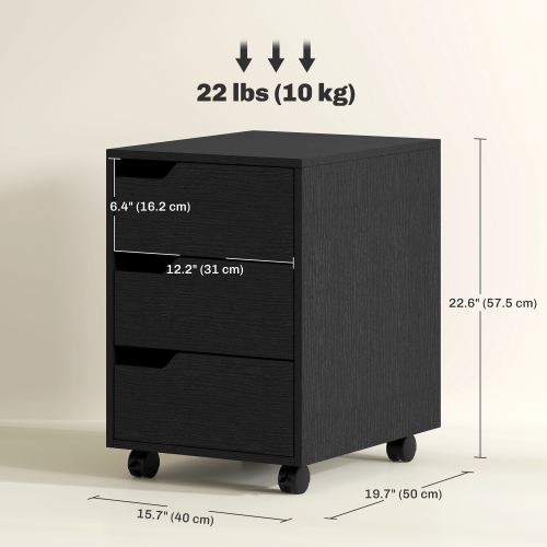 HOMCOM 3 Drawer File Cabinet, Mobile Vertical Filing Cabinet with Wheels, Printer Stand with Storage for Home Office, Black