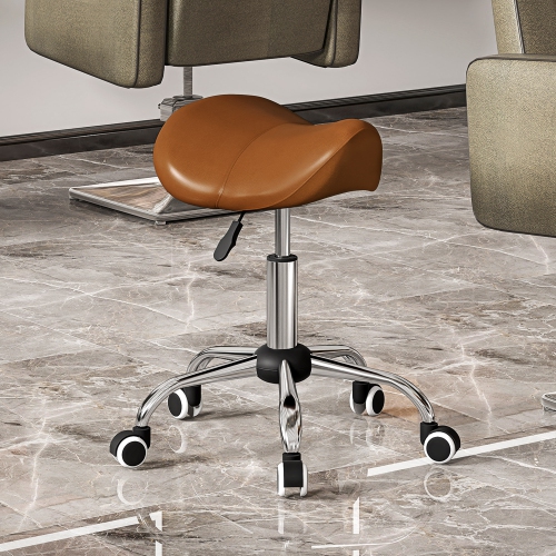 HOMCOM Cosmetic Stool 360° Rotate Height Adjustable Salon Massage Spa Chair Hydraulic Rolling Faux Leather Saddle Stool Mobility, Brown