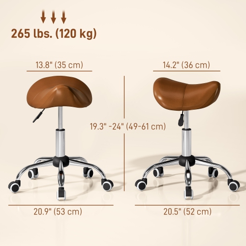 HOMCOM Cosmetic Stool 360° Rotate Height Adjustable Salon Massage Spa Chair Hydraulic Rolling Faux Leather Saddle Stool Mobility, Brown