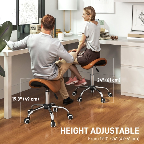 HOMCOM Cosmetic Stool 360° Rotate Height Adjustable Salon Massage Spa Chair Hydraulic Rolling Faux Leather Saddle Stool Mobility, Brown