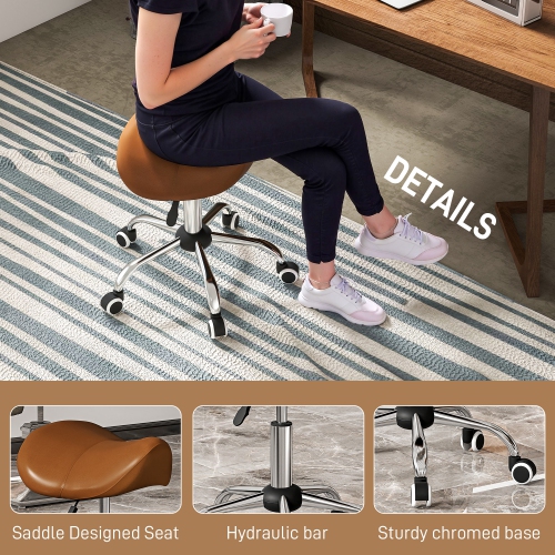 HOMCOM Cosmetic Stool 360° Rotate Height Adjustable Salon Massage Spa Chair Hydraulic Rolling Faux Leather Saddle Stool Mobility, Brown