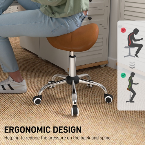 HOMCOM Cosmetic Stool 360° Rotate Height Adjustable Salon Massage Spa Chair Hydraulic Rolling Faux Leather Saddle Stool Mobility, Brown