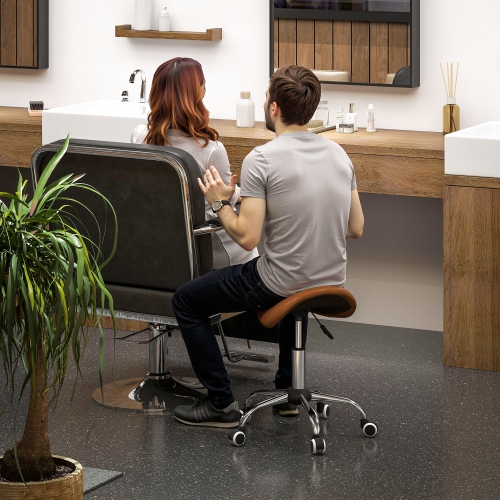 HOMCOM Cosmetic Stool 360° Rotate Height Adjustable Salon Massage Spa Chair Hydraulic Rolling Faux Leather Saddle Stool Mobility, Brown