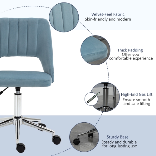 Vinsetto Office Desk Chair, Height Adjustable Computer Task Chair, Modern Fabric Makeup Vanity Chair with Swivel Wheels, Sky Blue