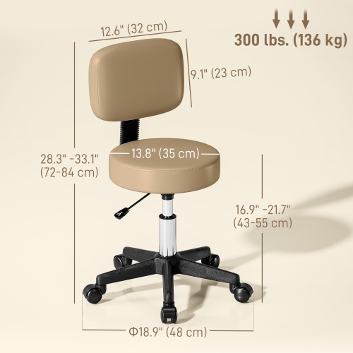 HOMCOM Adjustable Rolling Stool with Back, PU Leather Round Swivel Drafting Stool with Wheels for Kitchen, Salon Spa, Bar, Home Office, Massage,