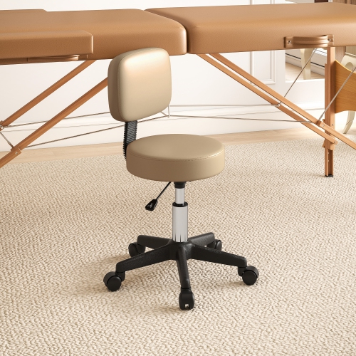 HOMCOM Adjustable Rolling Stool with Back, PU Leather Round Swivel Drafting Stool with Wheels for Kitchen, Salon Spa, Bar, Home Office, Massage,