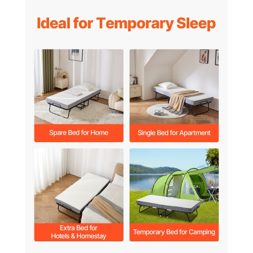 VEVOR 31 in x 75 in Rollaway Bed, Folding Bed with 5 in Mattress, Twin Size Foldable Bed with Sturdy Metal Frame & Memory Foam Mattress, Portable