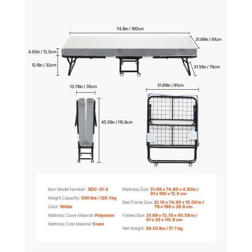 VEVOR 31 in x 75 in Rollaway Bed, Folding Bed with 5 in Mattress, Twin Size Foldable Bed with Sturdy Metal Frame & Memory Foam Mattress, Portable