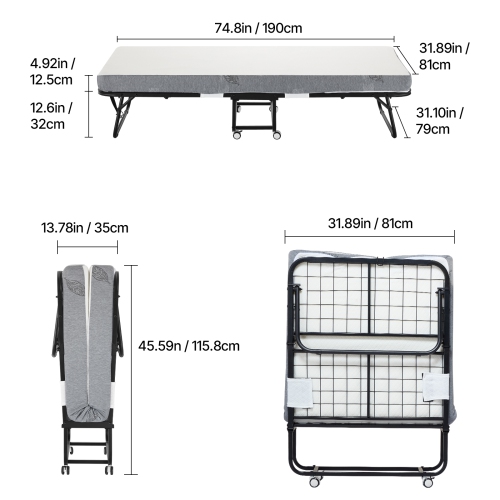 VEVOR 31 in x 75 in Rollaway Bed, Folding Bed with 5 in Mattress, Twin Size Foldable Bed with Sturdy Metal Frame & Memory Foam Mattress, Portable