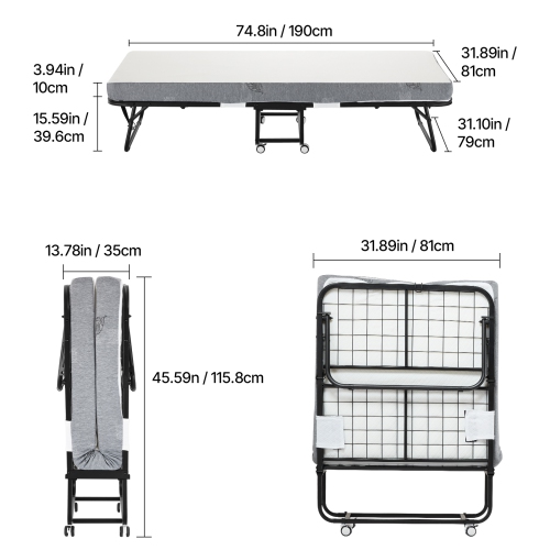 VEVOR 31 in x 75 in Rollaway Bed, Folding Bed with 4 in Mattress, Twin Size Foldable Bed with Sturdy Metal Frame & Memory Foam Mattress, Portable