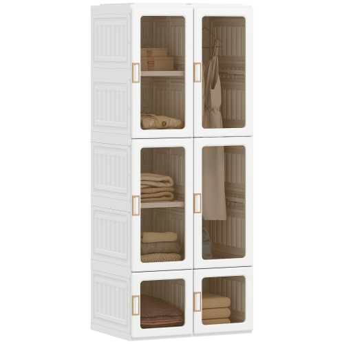 HOMCOM Portable Closet, Foldable Plastic Wardrobe Closet, Clothes Storage Organizer for Bedroom with 6 Compartments, Hanging Rod, Magnetic Clear