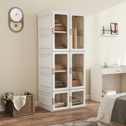 HOMCOM Portable Closet, Foldable Plastic Wardrobe Closet, Clothes Storage Organizer for Bedroom with 6 Compartments, Hanging Rod, Magnetic Clear