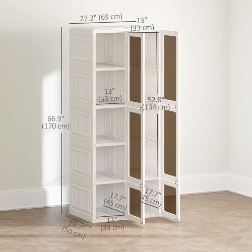 HOMCOM Portable Closet, Foldable Plastic Wardrobe Closet, Clothes Storage Organizer for Bedroom with 6 Compartments, Hanging Rod, Magnetic Clear