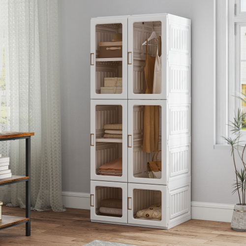 HOMCOM Portable Closet, Foldable Plastic Wardrobe Closet, Clothes Storage Organizer for Bedroom with 6 Compartments, Hanging Rod, Magnetic Clear