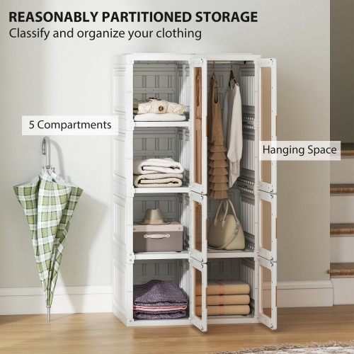 HOMCOM Portable Closet, Foldable Plastic Wardrobe Closet, Clothes Storage Organizer for Bedroom with 5 Compartments, Hanging Rod, Magnetic Clear
