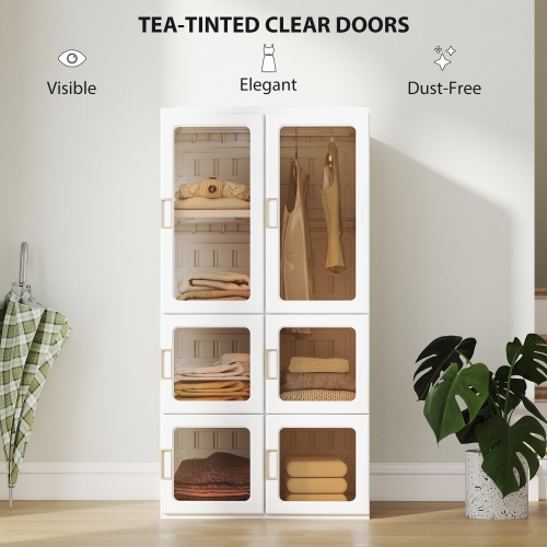 HOMCOM Portable Closet, Foldable Plastic Wardrobe Closet, Clothes Storage Organizer for Bedroom with 5 Compartments, Hanging Rod, Magnetic Clear