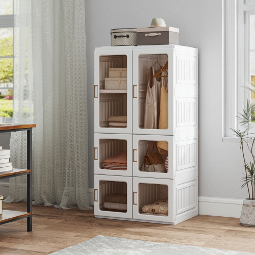 HOMCOM Portable Closet, Foldable Plastic Wardrobe Closet, Clothes Storage Organizer for Bedroom with 5 Compartments, Hanging Rod, Magnetic Clear