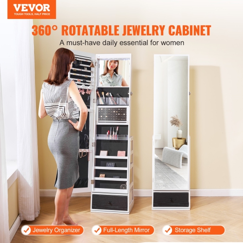VEVOR Mirror Jewelry Cabinet, 360° Swivel Standing Mirror with Storage, Lockable Jewelry Mirror Organizer with Full Length Mirror, Velvet Lining,LED
