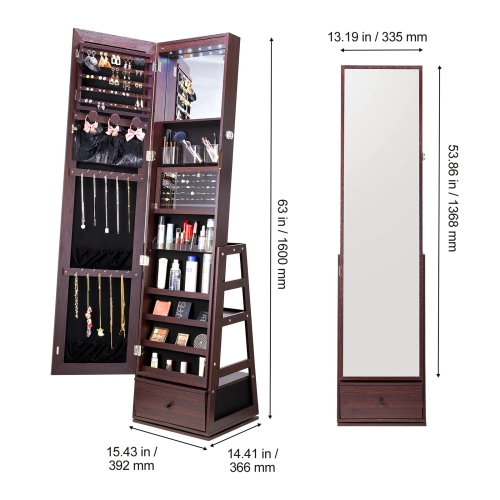 Armoire à bijoux avec miroir VEVOR, miroir pivotant à 360° avec rangement, range-bijoux verrouillable avec miroir pleine longueur, doublure en