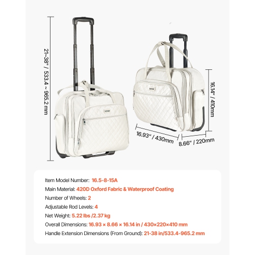 VEVOR Rolling Laptop Bag, Fits Up to 15.6 Inch Laptop, Wheeled Briefcase, Roller Computer Tote Bag with 2 Fixed Wheels & Telescoping Handle, Laptop