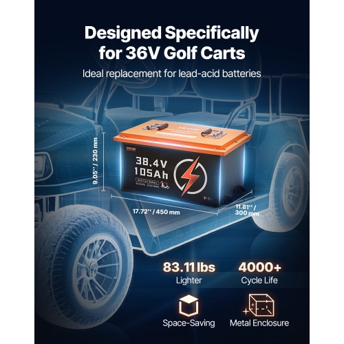 VEVOR 36V 105Ah Golf Cart Lithium Battery, 36 Volt Golf Cart Battery with 200A BMS, Touch Monitor and Mobile APP, LiFePO4 Battery with 600A Peak