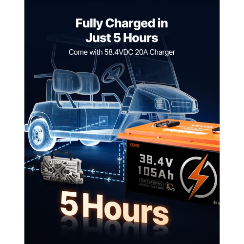 VEVOR 36V 105Ah Golf Cart Lithium Battery, 36 Volt Golf Cart Battery with 200A BMS, Touch Monitor and Mobile APP, LiFePO4 Battery with 600A Peak