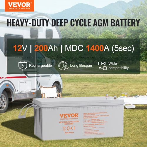 VEVOR 12V 200 AH Deep Cycle Battery, AGM Marine Rechargeable Battery, High Self-Discharge Rate 1400A Current, for RV Solar Marine Off-Grid