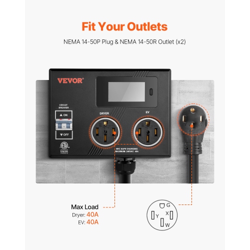 VEVOR 240V NEMA Splitter for Dryer and EV, 3-Color LED Indicator, Smart Power Distribution, With NEMA 14-50 Plug, Two NEMA 14-50 Outlets, 3.4 in LCD