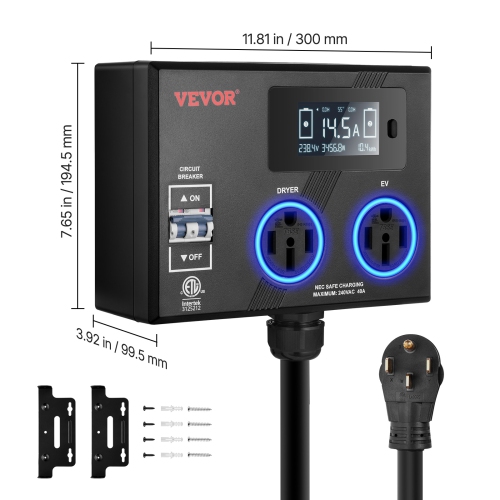 VEVOR 240V NEMA Splitter for Dryer and EV, 3-Color LED Indicator, Smart Power Distribution, With NEMA 14-50 Plug, Two NEMA 14-50 Outlets, 3.4 in LCD