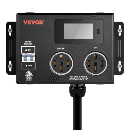VEVOR 240V NEMA Splitter for Dryer and EV, 3-Color LED Indicator, Smart Power Distribution, With NEMA 14-50 Plug, Two NEMA 14-50 Outlets, 3.4 in LCD