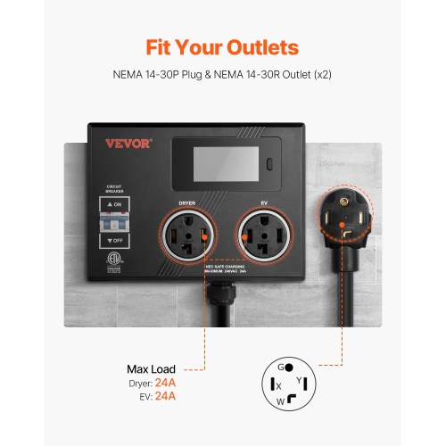 VEVOR 240V NEMA Splitter for Dryer and EV, 3-Color LED Indicator, Smart Power Distribution, With NEMA 14-30 Plug, Two NEMA 14-30 Outlets, 3.4 in LCD