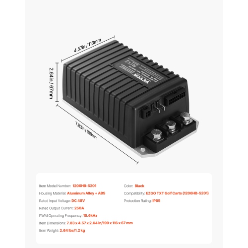 VEVOR 48 Volt & 250 Amp Golf Cart Speed Controller, DC Motor Controller Replacement for EZGO TXT Golf Carts, IP65 Rated Protection, Aluminum Alloy &