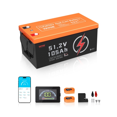 VEVOR  48V 105Ah Golf Cart Lithium Battery, 48 Volt Golf Cart Battery \w 200A Bms, Lcd Monitor And Mobile App, Lifepo4 Battery \w 600A Peak Current