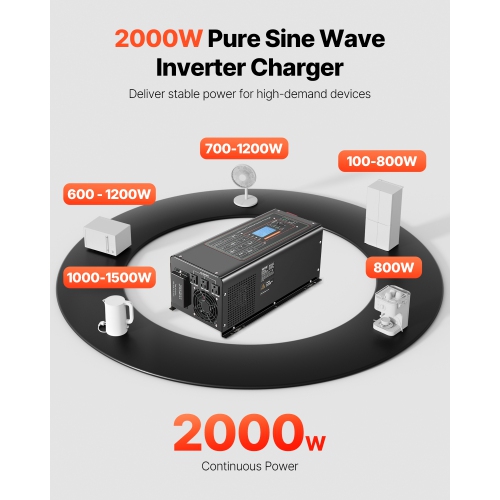 VEVOR 2000 Watt Pure Sine Wave Inverter Charger, DC 12V to AC 120V Power Inverter with LCD Display, Remote Control, Solar Inverter for Off-Grid Solar