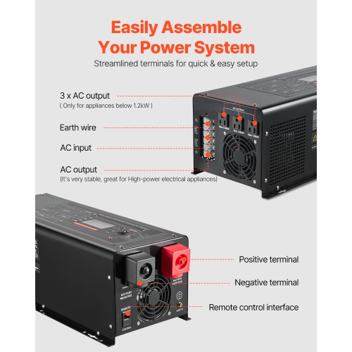 VEVOR 2000 Watt Pure Sine Wave Inverter Charger, DC 12V to AC 120V Power Inverter with LCD Display, Remote Control, Solar Inverter for Off-Grid Solar