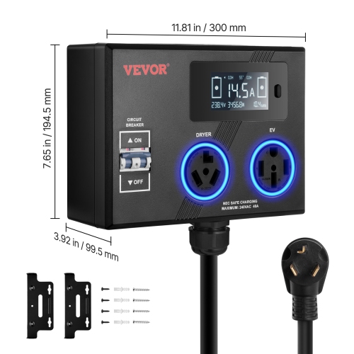 VEVOR 240V NEMA Splitter for Dryer and EV, 3-Color LED Indicator, Smart Power Distribution, With NEMA 10-30 Plug, NEMA 10-30 & NEMA 14-50 Outlets,