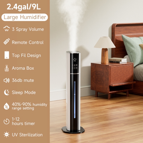 2.4Gal Ultrasonic Cool Mist Humidifier – Quiet Bedroom Humidifier for Large Rooms, 3-Speed Adjustable, UV Purification & Filtration, Pet/Baby/Plant