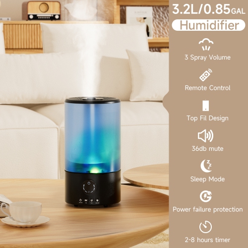 Humidificateur ultrasonique à brume froide de 3,2&nbsp;L pour chambre à coucher, chambre de bébé et plantes – Silencieux, buse à 360°, lumière