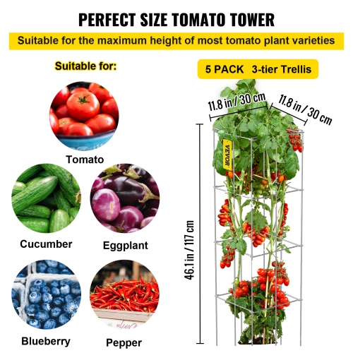 VEVOR 11.8" x 11.8" x 46.1" Tomato Cages, 5 Packs Square Plant Support Cages, Silver PVC-coated Steel Tomato Towers for Climbing Vegetables, Plants,