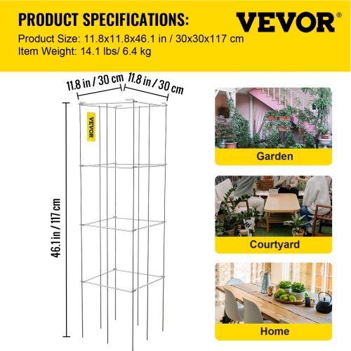 VEVOR 11.8" x 11.8" x 46.1" Tomato Cages, 5 Packs Square Plant Support Cages, Silver PVC-coated Steel Tomato Towers for Climbing Vegetables, Plants,