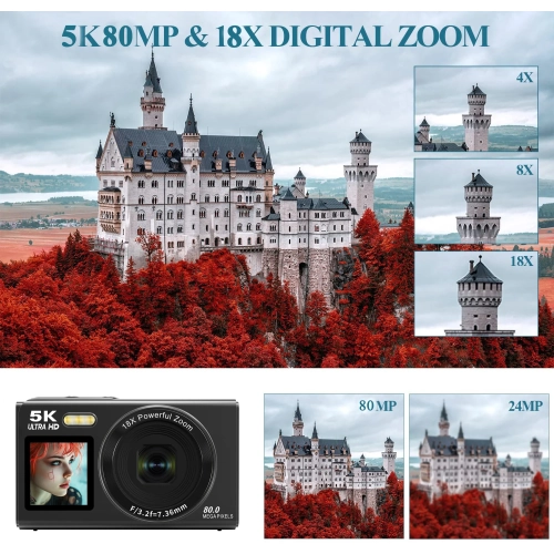 5K Student Camera 8000MP HD Dual Screen Selfie CCD Small Digital Camera WiFi Small Auto Focus for Vlog Live Broadcast - Pink No Memory Card