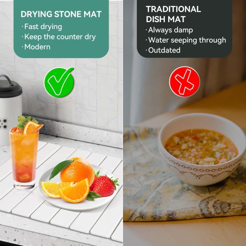 Stone Dish Drying Mat, Quick-Dry Foldable Diatomaceous Earth Absorbent Mat for Kitchen, 24" x 16"