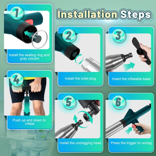 High-Pressure Toilet Dredger, Multi-Function Drain Pipe Cleaner with 4 Replacement Heads and Foot Pad for Sink and Toilet